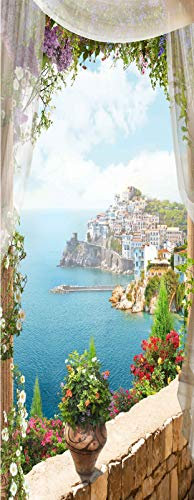 A.Monamour Türtapete Selbstklebend Türfolie Türposter 3D Balkon Blick Durch Fenster Vorhang Küstenhäuser Mittelmeer Vinyl Folie Türdeko Tapete Wandbild Türaufkleber Türtattoo 90 x 200 cm