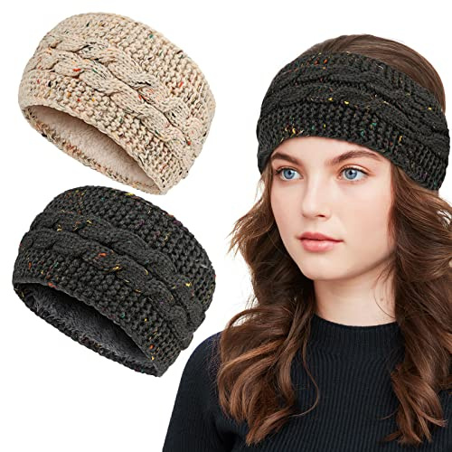 2 Piezas Diademas de Invierno Mujer, Calentador de Orejas con Forro Polar Difuso Puntos de Colores, Elásticas Diademas de Ganchillo, Accesorios Cabello Moda, Regalos de Invierno para Mujer Niñas