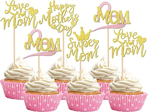 24 Stück Happy Mother's Day Cupcake Toppers, Glitter Herz Super Mom Love You Mom Tortendeko Deko Kuchen für glückliche Muttertag Thema Frauen Geburtstag Party Kuchen Dekorationen Zubehör Gold