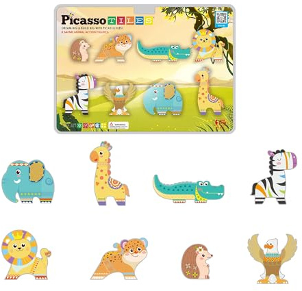PicassoTiles Lot de 8 blocs de construction magnétiques, animaux safari - Figurines d'action magnétisées - Compatible avec les jouets de montage magnétique, de construction et de carrelage - Kit