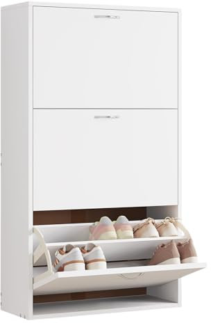 WOLTU Schuhregal schmal hoch, Schuhkipper mit 3 Klappen, Schuhschrank weiß, Schuhkommode platzsparend, Schrank für Schuhaufbewahrung, Schuhorganizer, aus MDF