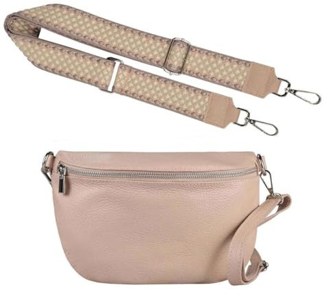 Made in Italy OBC Damen Set Gürteltasche + Schultergurt Leder Crossbody Hüfttasche Bauchtasche Umhängetasche Brusttasche Crossover Bodybag Schultertasche Handy Geldtasche Tasche Antikrosa M Gürtel