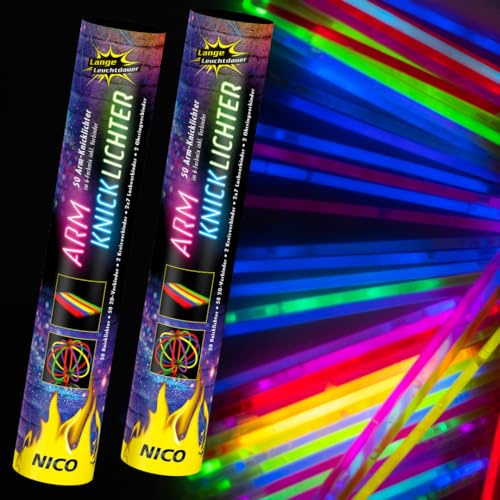 NICO Feuerwerk® Armknicklichter, Leuchtstäbchen in Neon-Farben | Inkl. Verbinder, ohne Batterien, Partys, Silvester, Festivals, Armbänder
