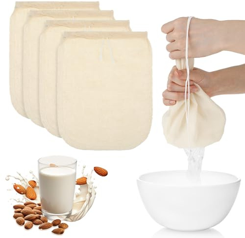 WLLHYF 4 Pack Cotton Nut Milk Bag 8 × 6 Inches Fine Mesh Cheese Cloth Multiple Usage Reusable Food Strainer Professional Cold Brew Filter for Straining Juice Coffee Yogurt Tea (Cotton, 8×6 In)