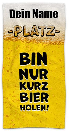 Print Royal PR Personalisiertes Handtuch mit Spruch - Bin nur kurz Bier Holen - mit Name Bedrucken | Badetuch selbst gestalten, Persönliches Geschenk für Männer, Kumpels, Freunde - 140 x 70 cm