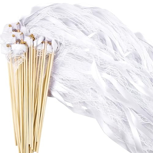 30 Stück Zauberstäbe Hochzeit Luftschlangen mit Glocke, Seidenfeenstab, Wedding Wands für Hochzeiten, Geburtstage, Feiertagsfeiern (Weiß)