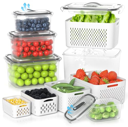 damynuo 5 Pack Fruit Storage Containers for Fridge with Colander, Vent, Lid