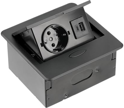 GTV - Presa per mobili AVARO, 1 presa Schuko, USB A+C, lunghezza cavo 1,5 m, colore nero, per scrivania, tavolo, cucina e ufficio | Dimensioni compatte