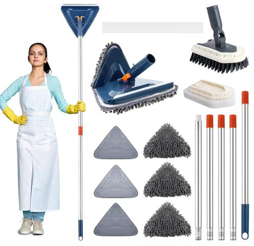 Senprity 85'' Triangle Cleaning Mop - Retractable Dry & Wet Dust Wall Cleaner with 6 Replacement Pads and 2 Tile Tub Brushes, Ideal for Ceiling, Window, Tile, Tub