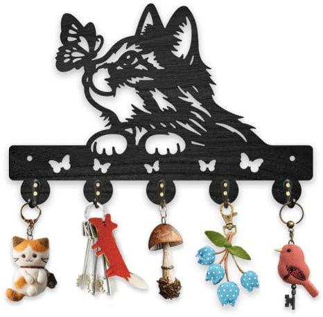 MAYJOYDIY Holz Katzen Schmetterlingsmotiv Schlüsselhaken 30x20cm Tiermotiv | Schmetterlinge Wandhalterung Für Kleider Hüte, 5 Haken Aus Legierung, Schwarzer Kunst Schlüsselhalter, Für Eingangsbereich