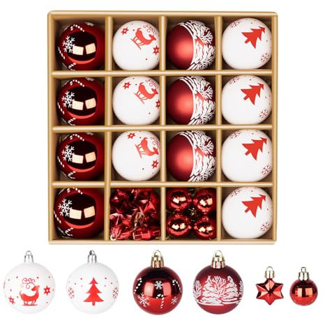 Weihnachtskugeln Kunststoff Set, 30 Stück 3cm&6cm Wunderschön weihnachtsschmuck Baum rot und weiß Weihnachtsbaumkugeln Plastik für Weihnachten und Party Dekoration, mit Aufhängeschlaufe