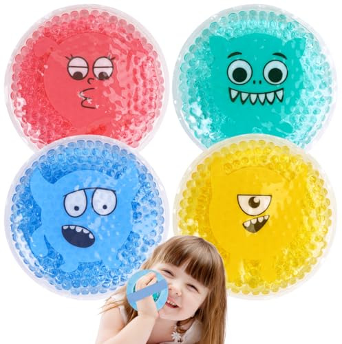 Hilph Kühlmonster Kühlpads Kinder, 4 Gel Kühlakkus mit Stoffhülle | Kalt Warm Kompresse Kühlpacks Kinder für Verletzungen, Fieber,Insektenstiche Weisheitszähne, Schmerzlindernd & Müde Augen