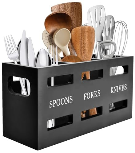 Yiomxhi Portautensili da Cucina per Piano di Lavoro, Grande 3 Scomparti Porta Utensili Scolaposate in Legno, Organizer per Utensili Posate da Appoggio (Nero)
