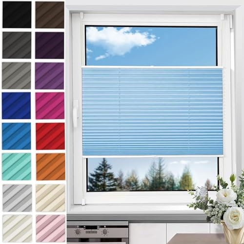 Plissee Ohne Bohren Verdunkelung 110 x 180 cm Blickdicht Sichtschutz Sonnenschutz Plise Plisee Plisse Rollo mit Klemmträger Easyfix für Fenster & Tür, hellblau