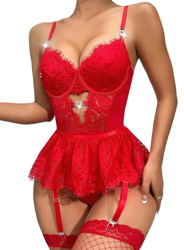 Metsitlife Women Lingerie Set Sexy Eyelash Lace Bodysuit with Garter Belt Removeable Skirt Teddy Babydoll Lingerie Red L