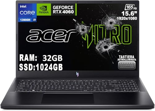 Acer Nitro V 15 Notebook Gaming, processeur Intel Core i9-13900H, RAM 32 Go DDR5, 1024 SSD, écran 15,6 FHD IPS 165 Hz LED LCD, NVIDIA GeForce RTX 4060 8 Go, Windows 11 Pro