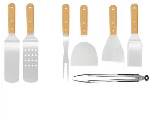 Set Barbecue 7 Pezzi – Utensili Barbecue in Acciaio Inox – Spatola Barbecue, Pinza, Forchetta e Accessori Barbecue – Kit Barbecue Professionale per Cucina e Grigliate all’Aperto