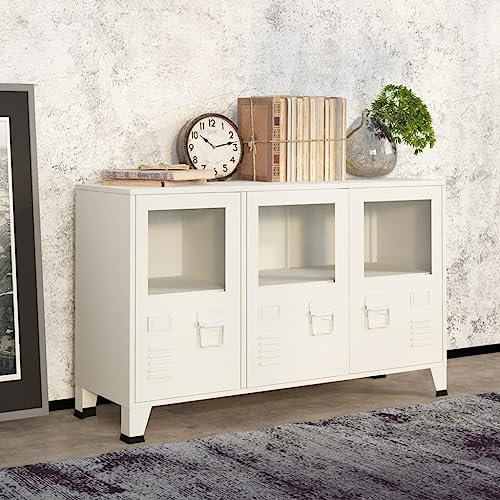 MOBCANT Industrial Sideboard, Küchenunterschränke Küchenbuffet TV-Schrank Barschrank Geeignet für Küche Schlafzimmer Foyer Wohnbereich Weiß 105x35x62 cm Metall und Glas