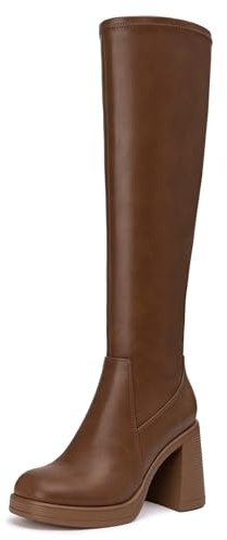 Athlefit Knee High Boots Women Chunky Platform High Heel Tall Boots Square Toe Fashion Dress Stretch Long Heeled Booties Tan Size 8.5
