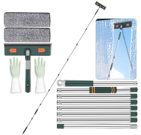 Window Squeegee Cleaner Tool Kit with 3 M Telescopic Extension Poles,Window Washing Kit with 2PCS Microfiber Scrubber & Waterproof Gloves,Bendable Head,for Home,Shower Glass,Car