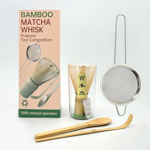 HYSHLC Matcha Whisk Set 4-Piece, Japanese Bamboo Chasen, Chashaku Scoop, Tea Spoon, Stainless Steel Sieve, Premium Traditional Matcha Tea Making Gift Set