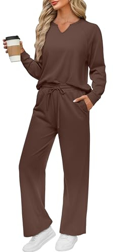 REORIA Women V Neck Activewear Loose Lounge Wear Set Solid Color Tracksuit Co Ord Sets Two Piece Outfit Coffee S