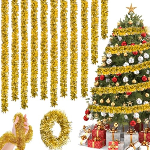 10 Guirlande de Noel Sapin, Guirlande Sapin 2m, Guirlandes Tinsel Noël, guirlandes Tinsel Métallique Scintillantes pour Mariage Anniversaire Fête, Murs Fenêtres Sapin Arbre Decoration Noë (Doré)