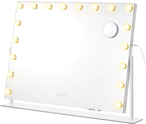 SONGMICS Hollywood Schminktischspiegel, mit Beleuchtung, 80 x 13 x 64.5 cm | Kosmetikspiegel, Touch-Steuerung, 3 Lichtfarben, dimmbar, Handyhalter, Mattweiss, BERIT Kollektion LWM003WC02