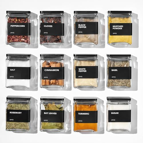 BIKALAN Gewürzgläser Eckig mit Holzdecke, [12x 120ml] + 88 Wasserfeste Etiketten - Gewürzdosen Set Glas - Gewürzbehälter Spice Jars Set - Gewürze Aufbewahrung - Behälter - Gewürzaufbewahrung