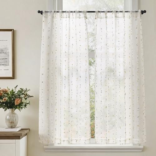 TOPICK Scheibengardinen Bistrogardinen 2er Set Gardinenschals H115xB65 Grün | Lichtdurchlässig Küchengardinen mit Punkt modern Leinenoptik Küchevorhänge Landhausstil Kurzgardine Wohnzimmer Küchenfenster