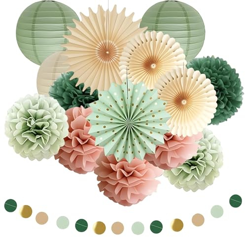 Salbeigrün Rosa Party Deko Olivgrün Seidenpapier Pompons Deko | Creme Papierlaterne Papierfächer Papier Girlande, für Brautparty Babyparty Hochzeit