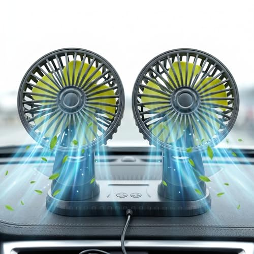OKESYO Auto Ventilator mit Doppelköpfiger, 12V/24V Ventilator Auto USB, 3 Geschwindigkeiten, 360 Grad Rotation, verstellbarer Saugnapf und Halterung, Leise Auto Lüfter für LKW Van SUV RV