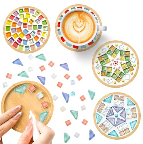 YYTECH 4 Stück Mosaik Untersetzer Bastelset, Mosaik Bastelset Erwachsene, Bambus Untersetzer, Basteln & Diy Dekorative Tablett Weihnachten Geschenk Geburtstagsgeschenk, für Bastelarbeiten