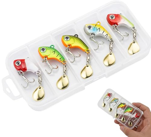Barsch Köder, Angelköder Set mit 5 Jig Spinner und Aufbewahrungsbox, Barsch Köder für Hecht und Forelle, Gummifische und Zander Köder für Angeln in Süß- und Salzwasser