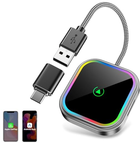 ESSGOO Mini Adaptateur Sans Fil pour Apple CarPlay Android Auto | 2 en 1,Bluetooth,USB A/C,LED RVB à commande vocale,Plug and Play,iPhone iOS 10+,Android 11+,Voitures fabriquées après 2016