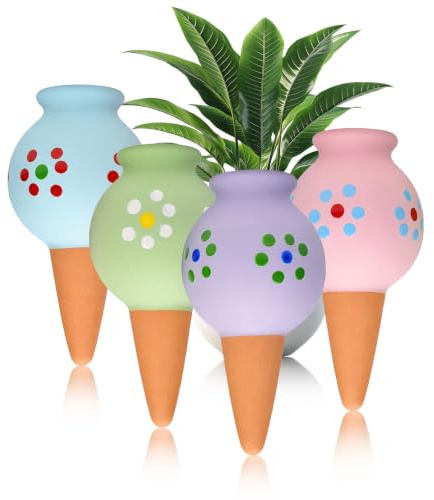 YTACREA Lot de 4 Cône d'arrosage en Terre Cuite, Globe d'arrosage Automatique pour Plantes, Distributeur d'eau de 100 ML pour Plantes d'intérieur, Jardinières de Balcon et Pots de Fleurs