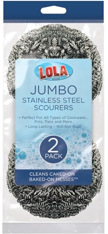 Stainless Steel Wool Scourer -Jumbo Sized- 2 Pack, 35 Grams, by LOLA, Curled Flat Wire, Cleans Caked On & Baked On Messes on Cookware