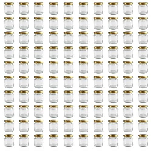 hocz 100x Mini Marmeladengläser 50 ml | mit Deckel Gold TO 43 | kleine Einmachgläser mit Schraubdeckel zum befüllen | Schraubgläser, Sturzgläser Set | leere Gläser für Marmelade | 100 Stück