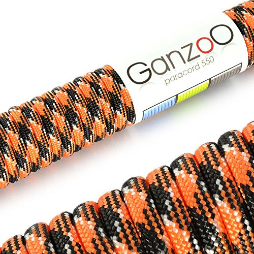 Ganzoo Paracord 550 Seil, Nylon-Polyester, 4mm, Typ 3, 30 Meter, 7 Kernstränge, Outdoor-Schnur, Allzweck-Seil, Hundehalsband, Hundeleine, Armband knüpfen, Camping, Survival - orange schwarz weiß
