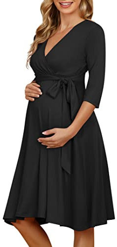 KOJOOIN Vestido de Maternidad para Mujer Delgado con Cuello en V Elegante Vestido de Lactancia Vestidos Premama Verano Casuales para Embarazadas Negro（Manga 3/4） L