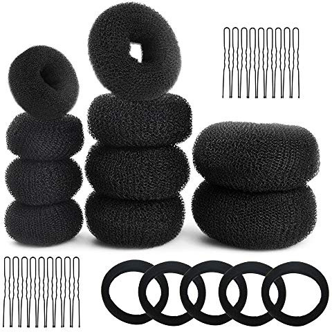 GOLRISEN 35 Stück Duttkissen Donut Hair Bun Maker Set Brötchenformer Haar Styling Zubehör 10 Stück Chignon Bun Maker mit 5 elastischen Haarband und 20 U-Form Haarspange (Schwarz)