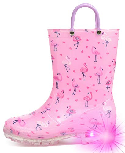 Hugrain Stivali di gomma per bambini adorabili con manici facili da montare, Fenicottero rosa , 32 EU