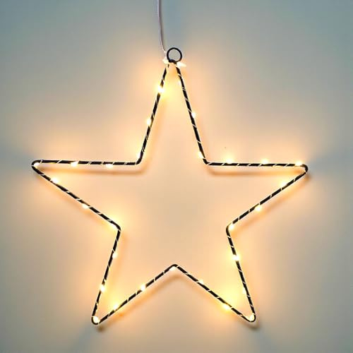 Spetebo Metall Weihnachtsstern Silhouette 30 cm zum Hängen schwarz für Außen mit Timer - 30 LED - Stern Fensterbild warm weiß beleuchtet batteriebetrieben - Weihnachten Advent Wandbild Deko Leuchte