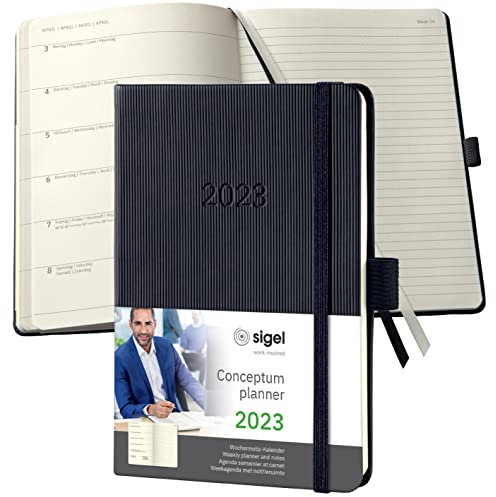 SIGEL C2315 Terminplaner Wochennotiz-Kalender 2023 - ca. A6 - schwarz - Hardcover - 176 Seiten - Gummiband, Stiftschlaufe, Archivtasche - PEFC-zertifiziert - Conceptum