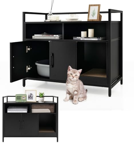 COSTWAY Meuble Litiere Chat Griffoir Amovible Industriel, Maison de Toilette Chat Anti-basculement Structure Métal Antirouille, 89x45x74,5cm, Noir
