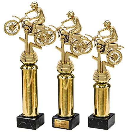 eberin · Motocross-Sports Pokale mit Gravur · Enduro · MX Events Trophäe · Motocrosser auf Goldsäule/Marmor schwarz · Pokal in 3 Größen erhältlich ·