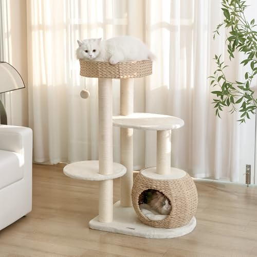 KAMABOKO Moderna Torre de árbol para Gatos, 39 Pulgadas de Alto, 3 Niveles, Postes rascadores de sisal, condominio Tejido a Mano y Percha Superior, árbol para Gatos de Interior para Gatitos