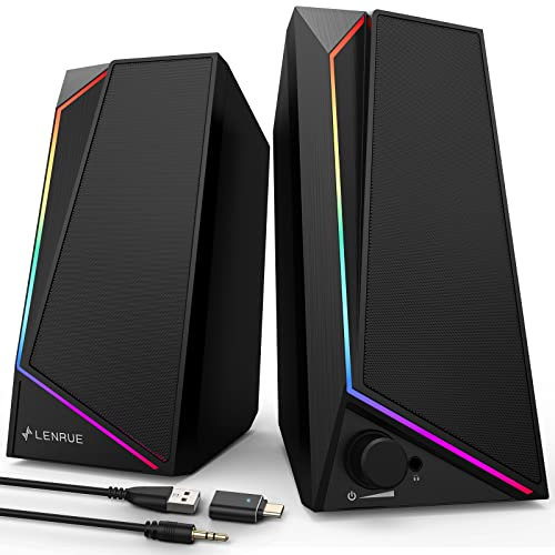 LENRUE PC Speakers, USB Powered Computer Speakers with Loud Stereo Sound, Headphone-in for Desktop, iMac, MacBook, Laptop, Monitor (USB-C Adapter Included)