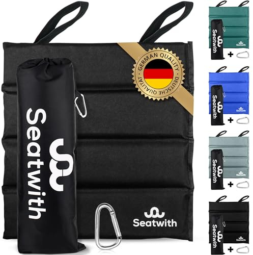 2X Faltbares Thermo Sitzkissen Outdoor Warm und Trocken 35x35 cm Schwarz | Mit Tragetasche und Karabiner für den Rucksack, isoliert beim Sitzen vor Kälte, Nässe und Schmutz