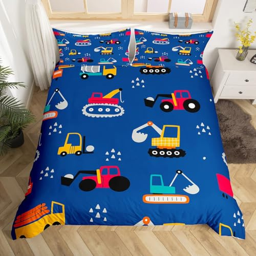 Erosebridal Cartoon Tractor Duvet Cover Twin for Boys Truck Bedding Set for Kids Toddler, Construction Vehicle Comforter Cover Excavator Bulldozer Bed Set Equipped Truck Bedding, Navy